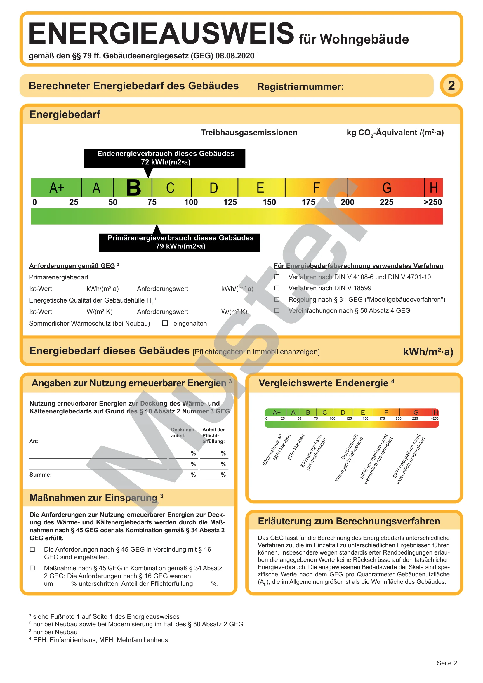 Muster-Energieausweis (Bedarfsausweis) nach GEG mit allen Pflichtangaben