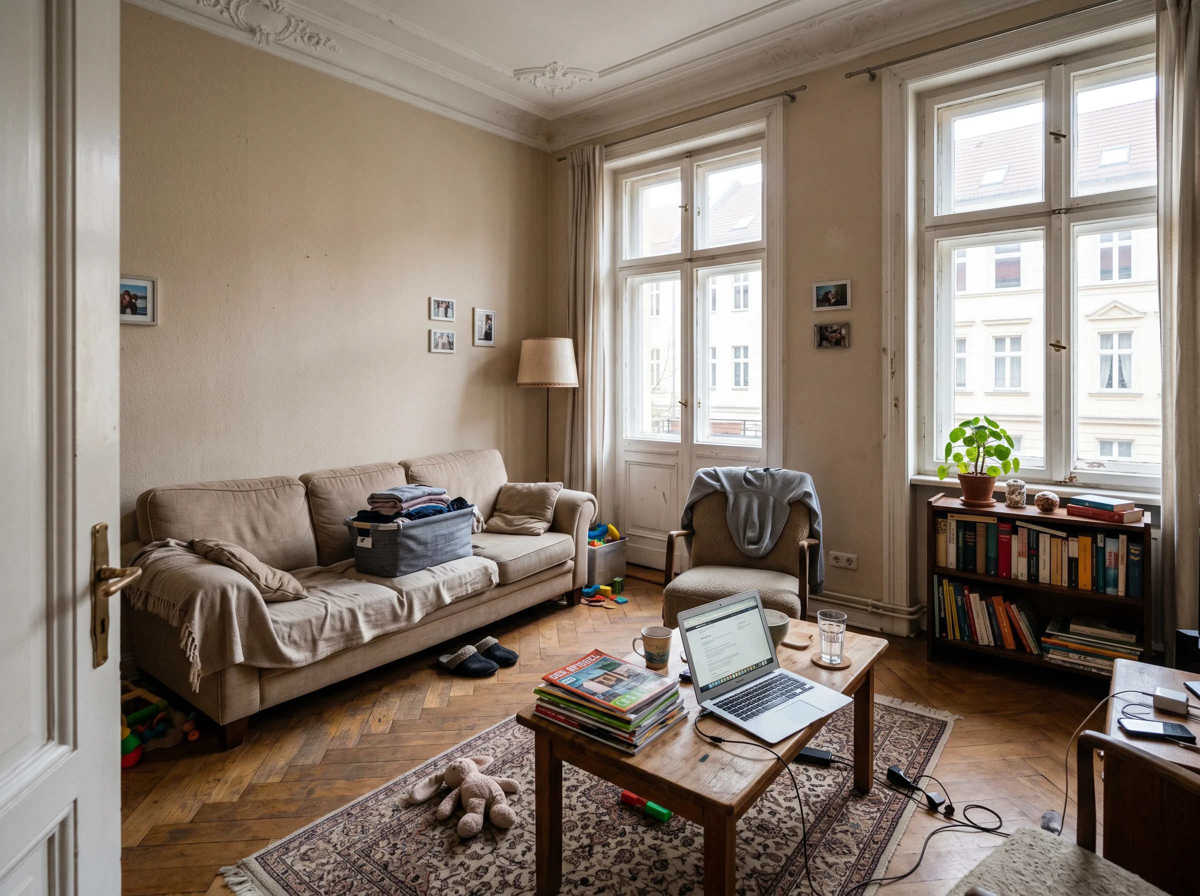 Vorher - bewohntes Berliner Altbau-Wohnzimmer mit Wäsche, Laptop und Spielzeug
