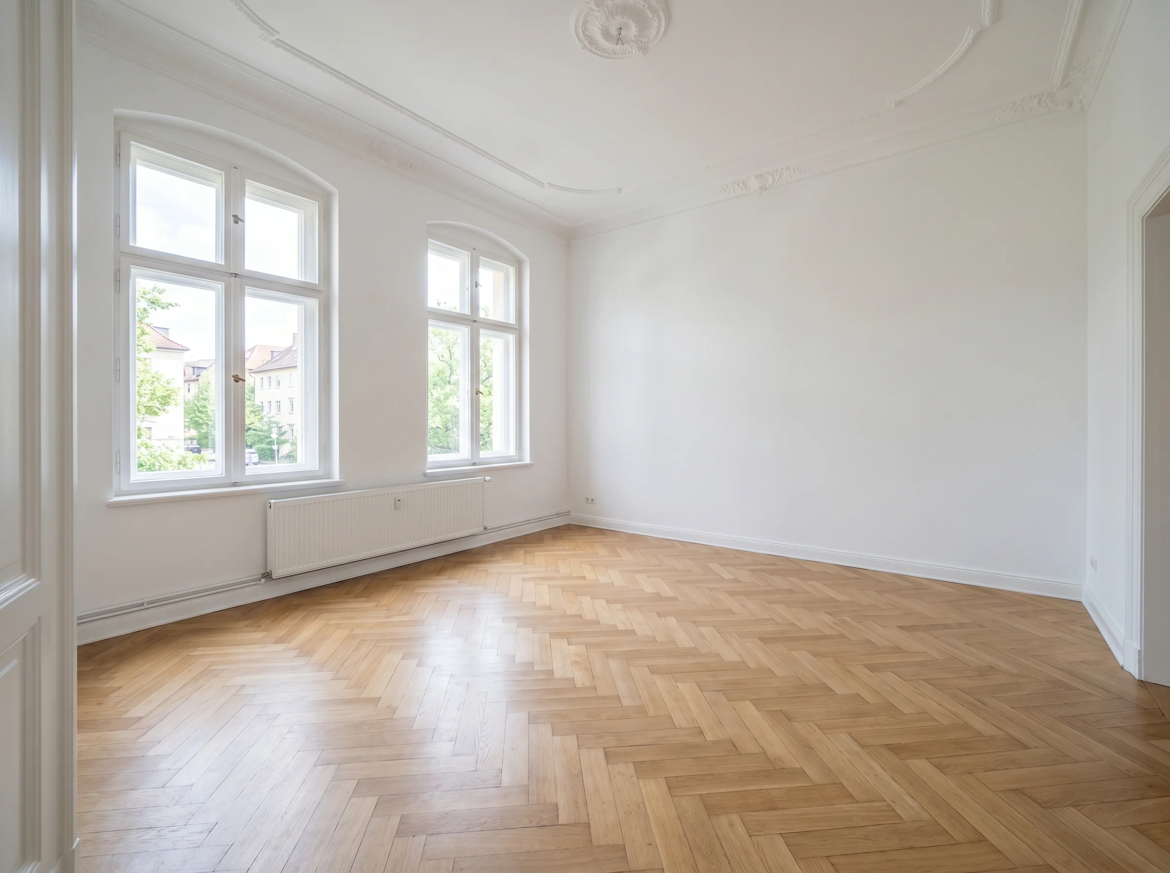 Vorher - leerer Altbau mit Fischgrät-Parkett und großen Fenstern