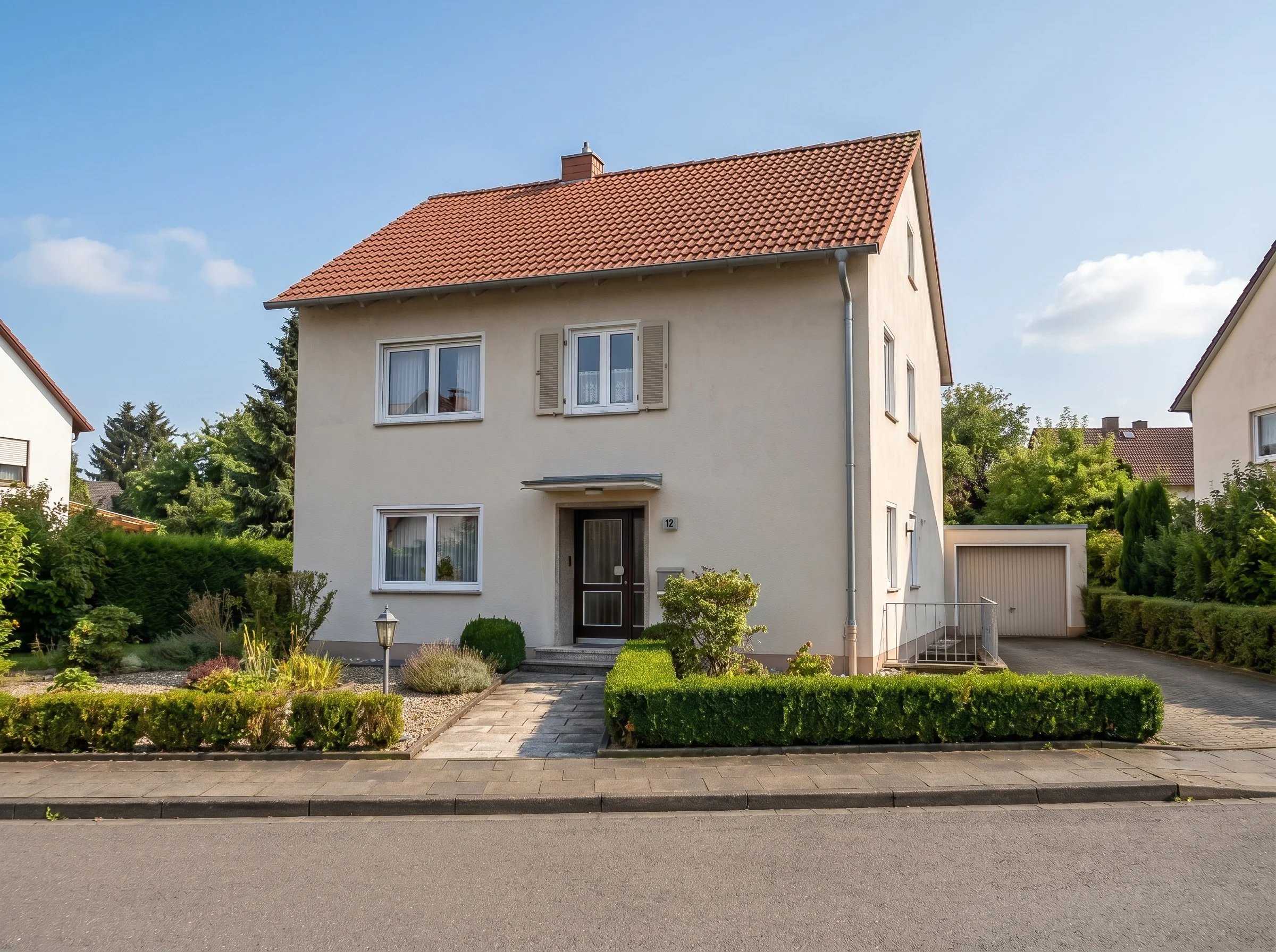 Nachher - dasselbe Haus mit blauem Himmel und direkter Sonne