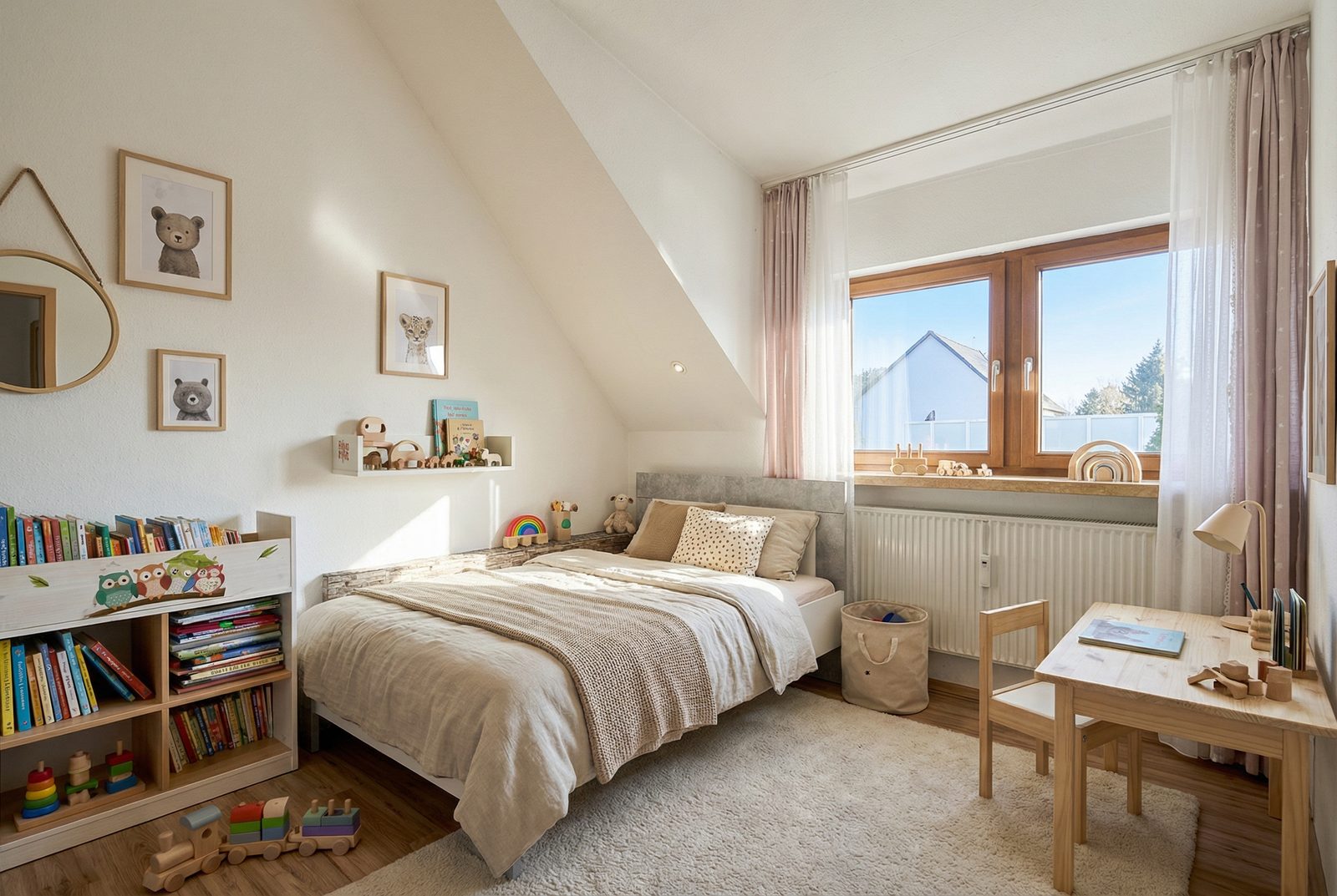 Nachher - dasselbe Kinderzimmer virtuell mit Bett, Schreibtisch und Deko eingerichtet