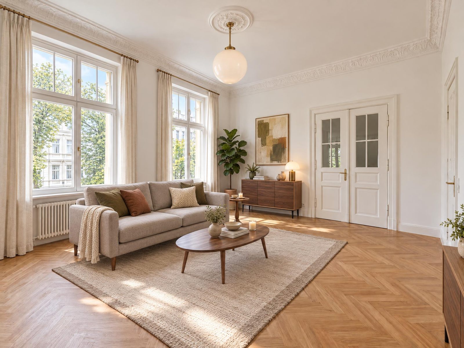 Nachher: dasselbe Wohnzimmer virtuell möbliert mit hellem Sofa vor den Fenstern, ovalem Couchtisch und Sideboard neben der Flügeltür