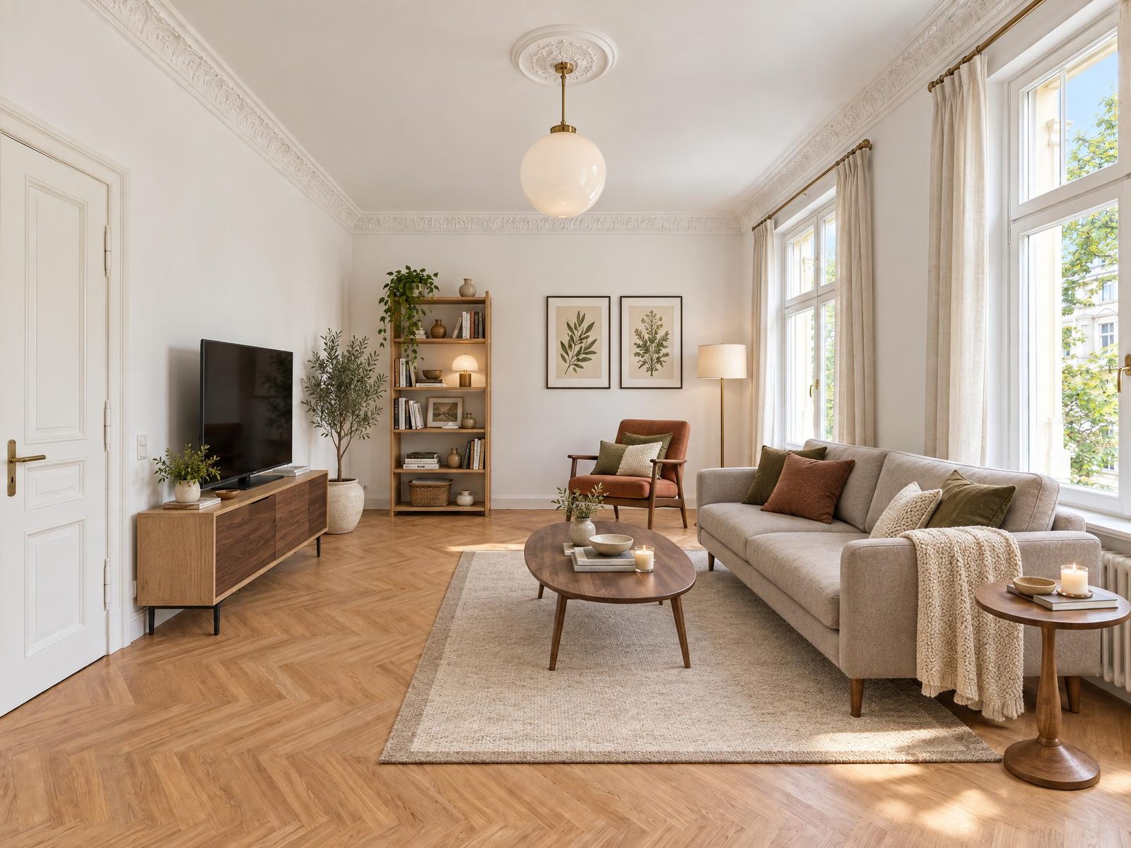 Nachher: dasselbe Sofa und derselbe Couchtisch aus der Gegenrichtung, gegenüber ein TV-Möbel, an der Rückwand Regal und Sessel