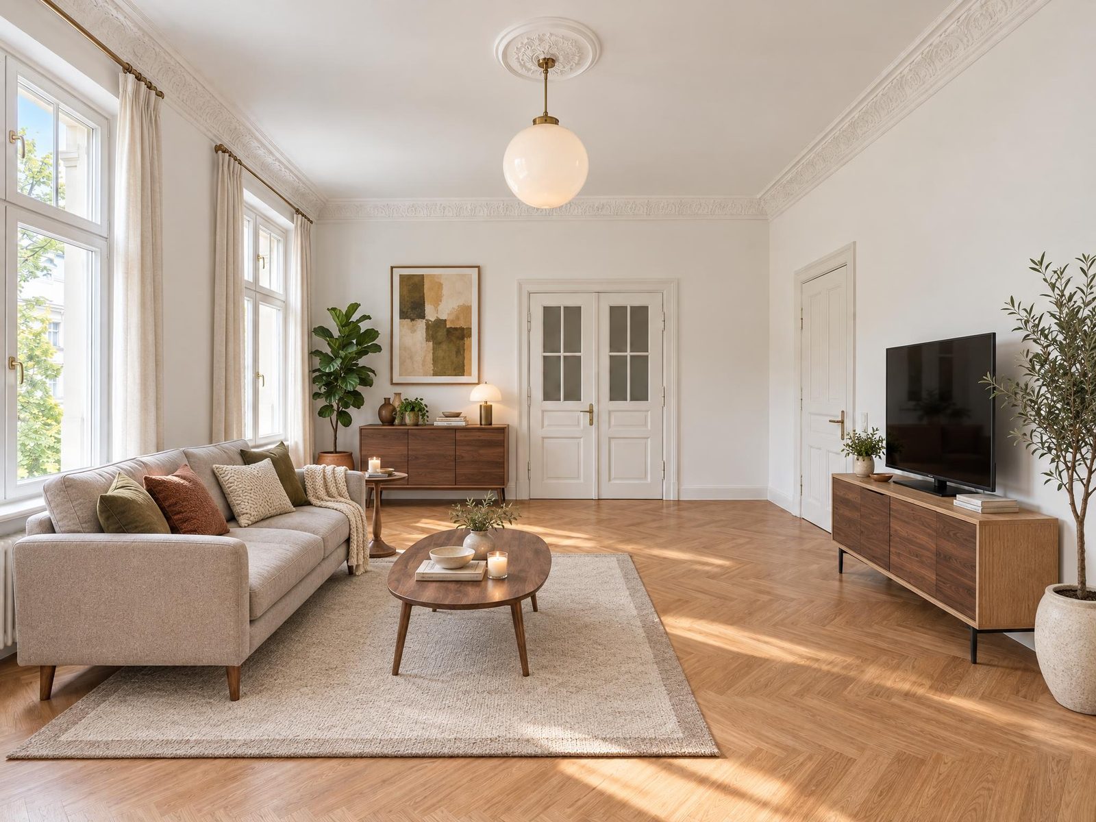 Nachher: Sofa, Couchtisch, Teppich, Sideboard und TV-Möbel an denselben Stellen wie auf den anderen Fotos