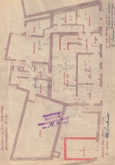 Historischer Grundriss eines Untergeschosses mit Konditorei und Kellerräumen