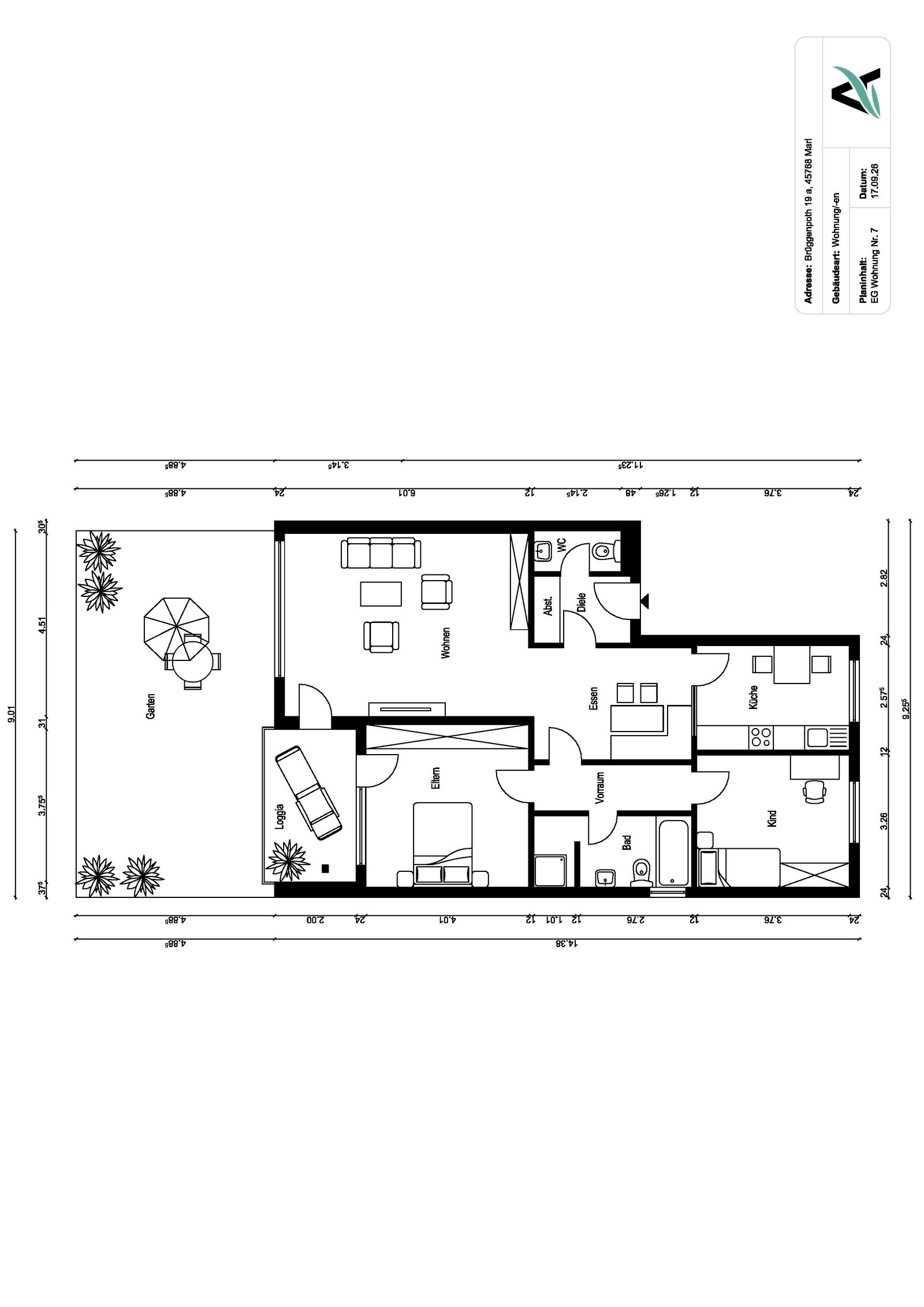 Grundriss - Moderne 3-Zimmer-Erdgeschosswohnung mit Loggia und Garten