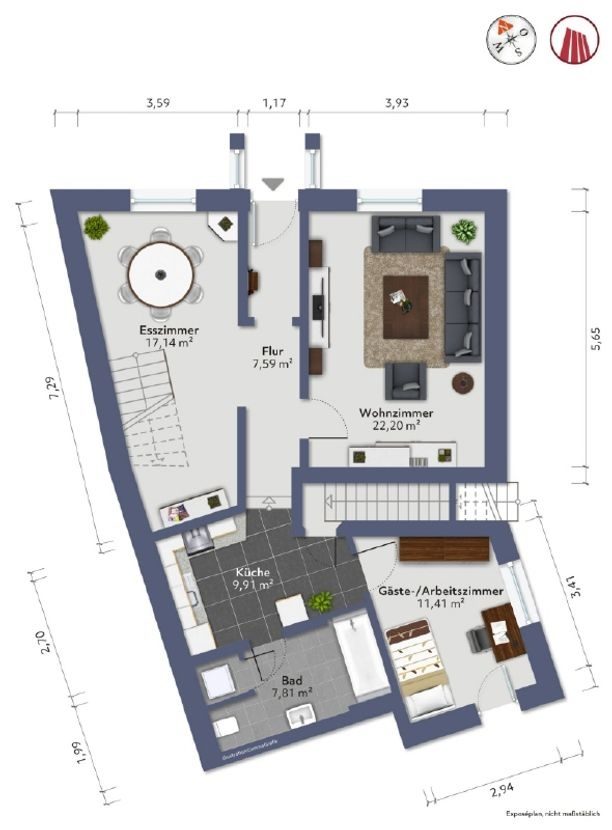 Grundriss - Moderne 3-Zimmer-Wohnung mit Gäste-/Arbeitszimmer