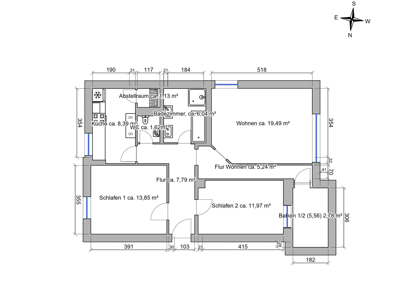 Grundriss - 3-Zimmer-Wohnung mit Balkon und separatem WC